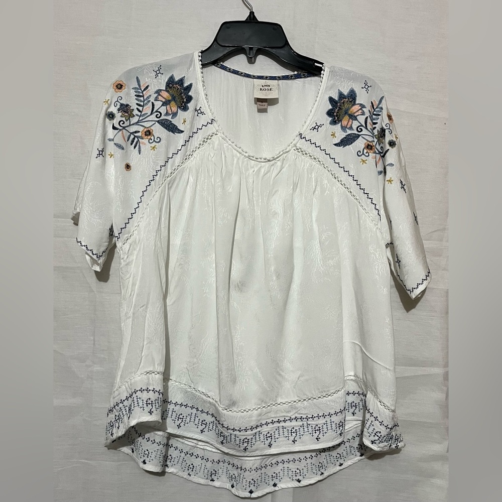 Knox Rose White Blouse with Blue and Yellow Embroidery